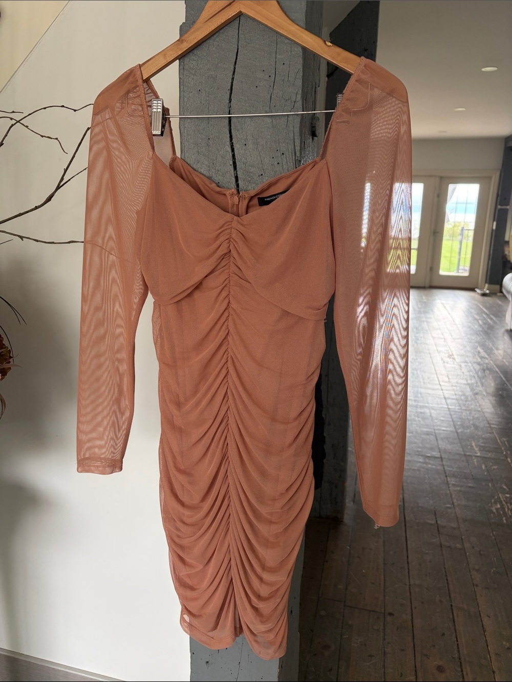 Ruched Mesh Long-Sleeve Bodycon Dress in Dusty Rose French connection